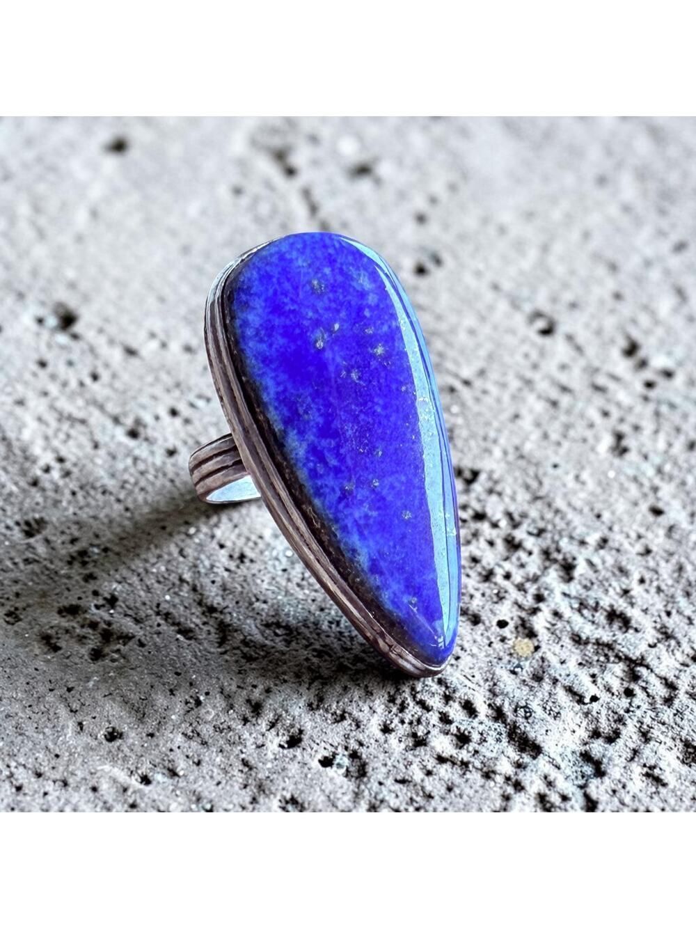 Large Lapis Lazuli Teardrop Ring 925 Silver Plated 7.5